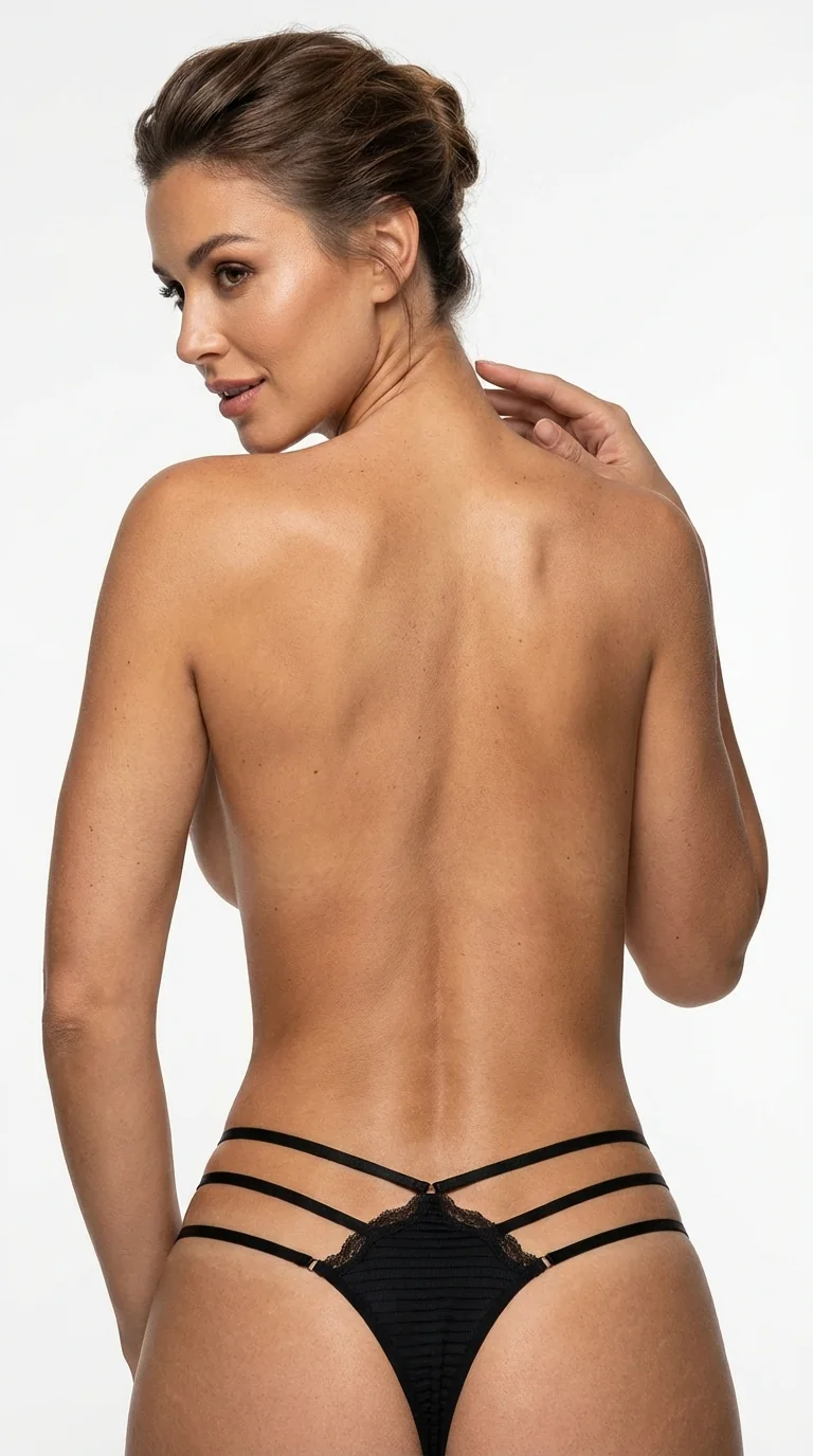 Siyah Yanları İpli Strappy Tanga - Arka Görünüm